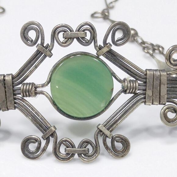 1970s Green Chrysoprase Wire Wrapped Bracelet Boho Artisan 10K Tested Vintage - Picture 5 of 10